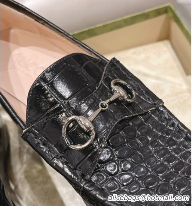 Trendy Design Gucci Ancra Platform Wedge Loafers in Crocodile Leather with Horsebit Black 204108