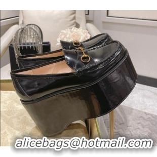 Charming Gucci Ancra Platform Wedge Loafers in Shiny Leather with Horsebit Black 204109