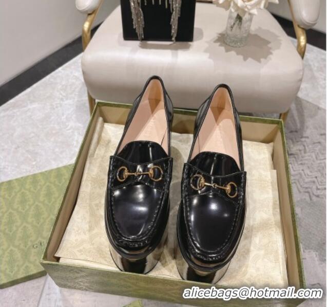 Charming Gucci Ancra Platform Wedge Loafers in Shiny Leather with Horsebit Black 204109