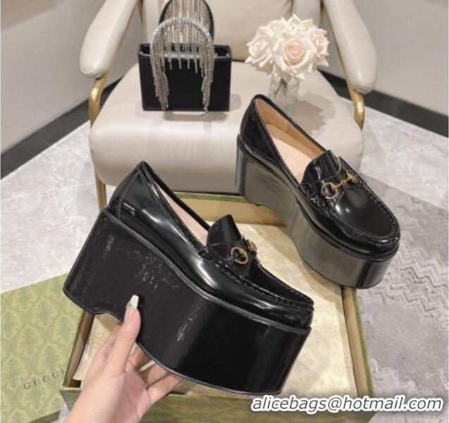 Charming Gucci Ancra Platform Wedge Loafers in Shiny Leather with Horsebit Black 204109