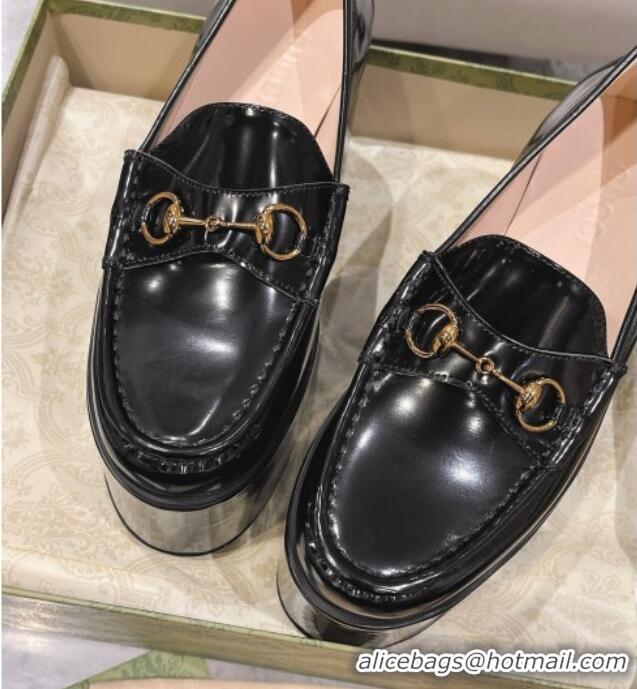 Charming Gucci Ancra Platform Wedge Loafers in Shiny Leather with Horsebit Black 204109