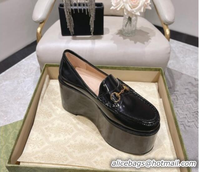 Charming Gucci Ancra Platform Wedge Loafers in Shiny Leather with Horsebit Black 204109