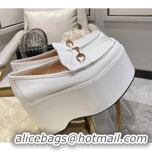 Good Quality Gucci Ancra Platform Wedge Loafers in Shiny Leather with Horsebit White 204110