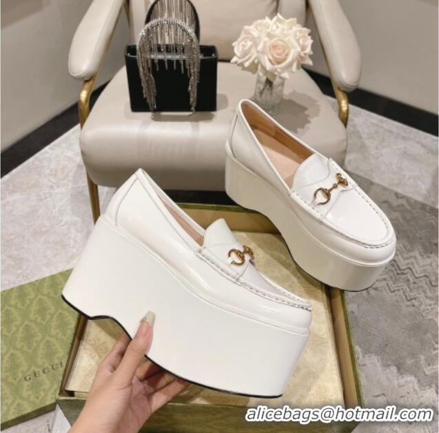 Good Quality Gucci Ancra Platform Wedge Loafers in Shiny Leather with Horsebit White 204110