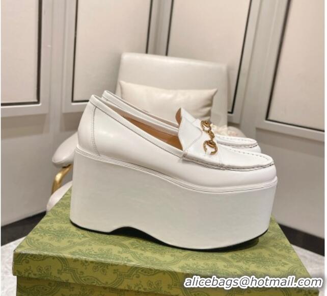 Good Quality Gucci Ancra Platform Wedge Loafers in Shiny Leather with Horsebit White 204110