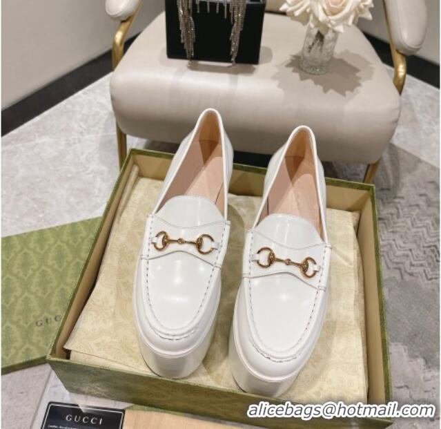 Good Quality Gucci Ancra Platform Wedge Loafers in Shiny Leather with Horsebit White 204110