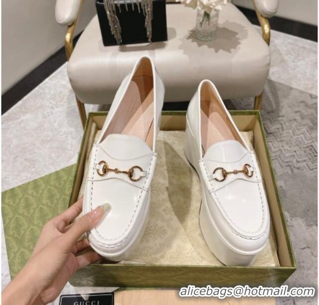 Good Quality Gucci Ancra Platform Wedge Loafers in Shiny Leather with Horsebit White 204110