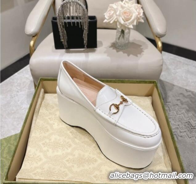 Good Quality Gucci Ancra Platform Wedge Loafers in Shiny Leather with Horsebit White 204110