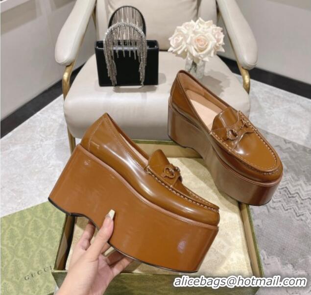 Grade Gucci Ancra Platform Wedge Loafers in Shiny Leather with Horsebit Brown 204111