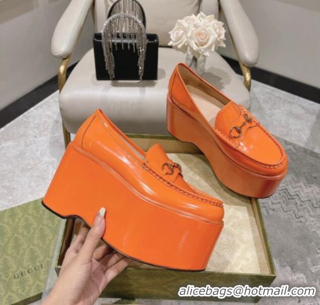 Luxury Cheap Gucci Ancra Platform Wedge Loafers in Shiny Leather with Horsebit Orange 204112