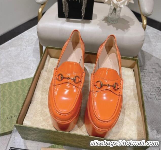 Luxury Cheap Gucci Ancra Platform Wedge Loafers in Shiny Leather with Horsebit Orange 204112