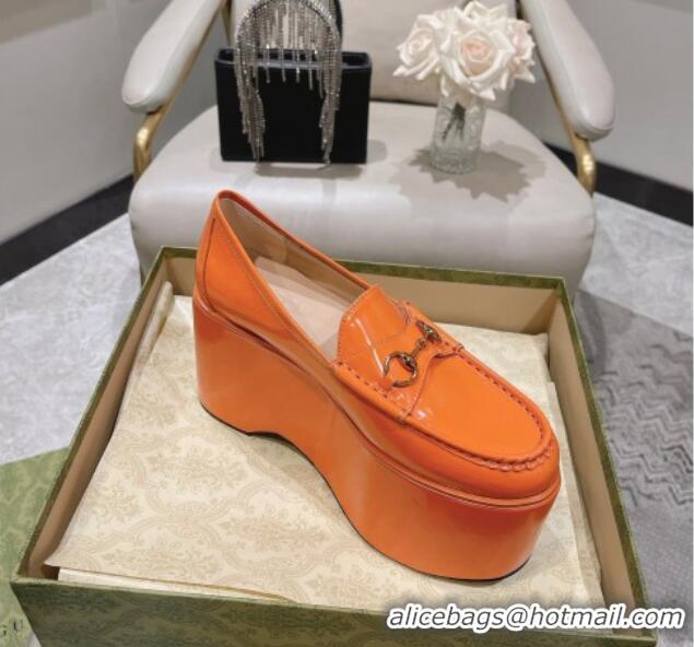 Luxury Cheap Gucci Ancra Platform Wedge Loafers in Shiny Leather with Horsebit Orange 204112