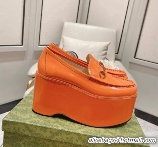 Luxury Cheap Gucci Ancra Platform Wedge Loafers in Shiny Leather with Horsebit Orange 204112