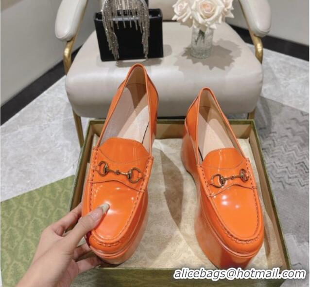 Luxury Cheap Gucci Ancra Platform Wedge Loafers in Shiny Leather with Horsebit Orange 204112