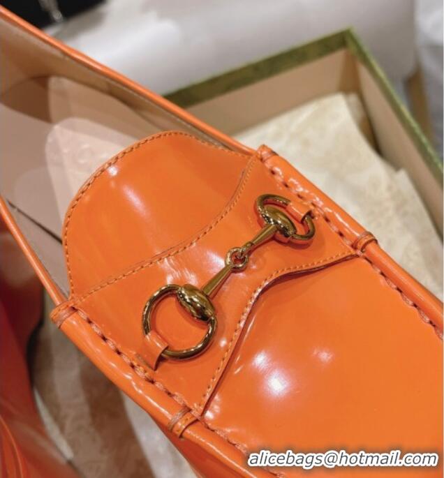 Luxury Cheap Gucci Ancra Platform Wedge Loafers in Shiny Leather with Horsebit Orange 204112