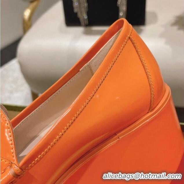 Luxury Cheap Gucci Ancra Platform Wedge Loafers in Shiny Leather with Horsebit Orange 204112