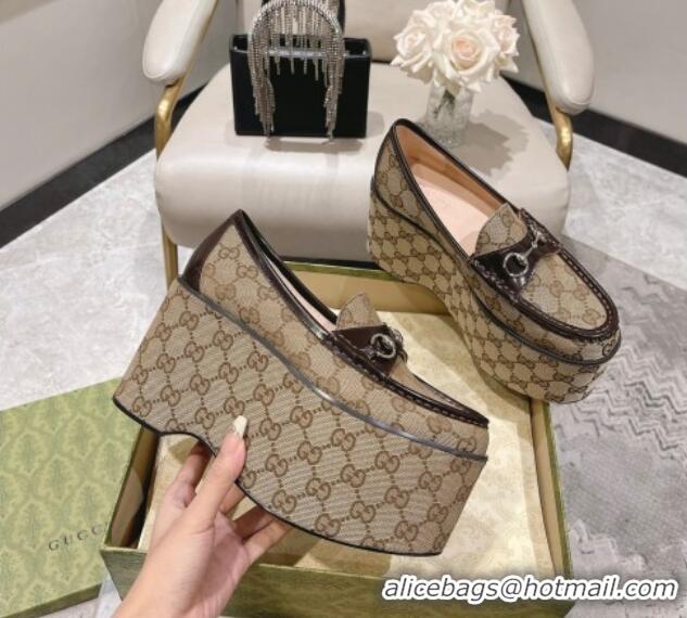 Good Product Gucci Ancra Platform Wedge Loafers in GG Canvas with Horsebit Beige 204113