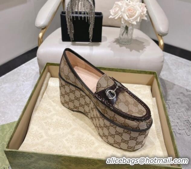 Good Product Gucci Ancra Platform Wedge Loafers in GG Canvas with Horsebit Beige 204113