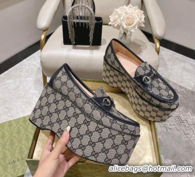 Lowest Cost Gucci Ancra Platform Wedge Loafers in GG Canvas with Horsebit Grey 204114