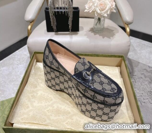 Lowest Cost Gucci Ancra Platform Wedge Loafers in GG Canvas with Horsebit Grey 204114