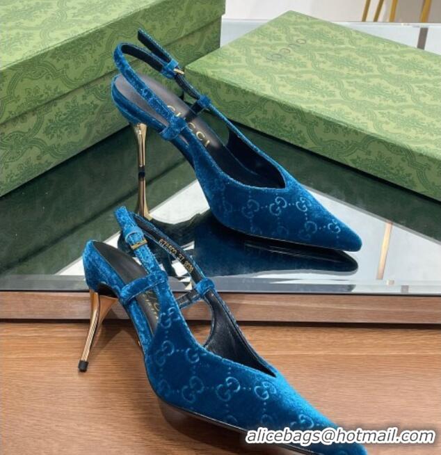 Hot Style Gucci Slingback High heel Pumps 8.5cm in Blue Velvet 205002