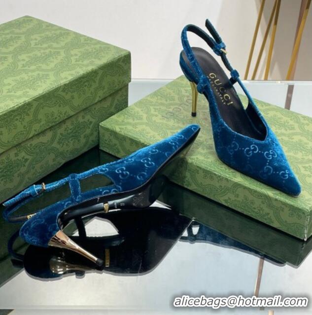 Hot Style Gucci Slingback High heel Pumps 8.5cm in Blue Velvet 205002