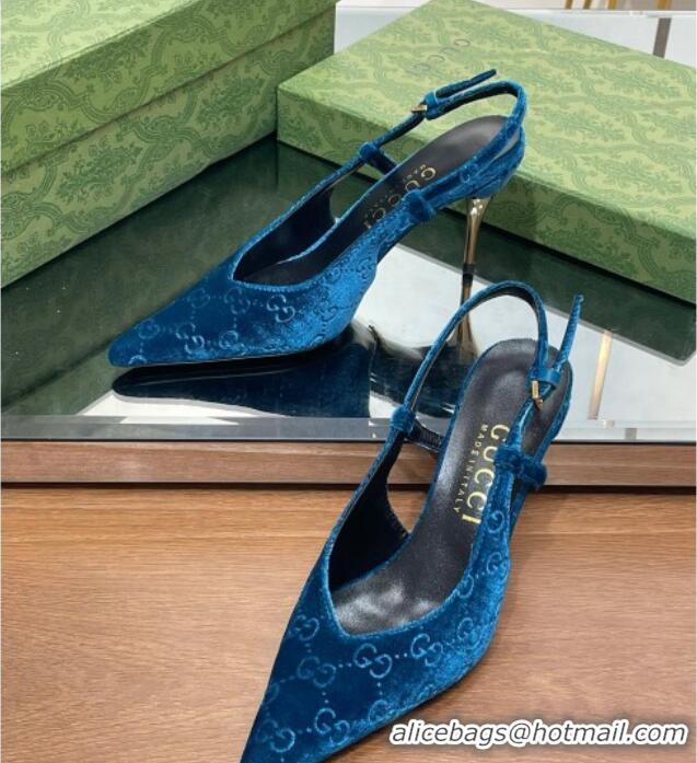 Hot Style Gucci Slingback High heel Pumps 8.5cm in Blue Velvet 205002