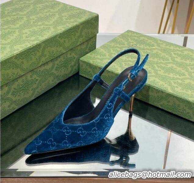 Hot Style Gucci Slingback High heel Pumps 8.5cm in Blue Velvet 205002