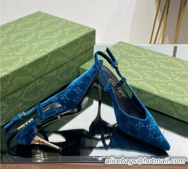 Hot Style Gucci Slingback High heel Pumps 8.5cm in Blue Velvet 205002