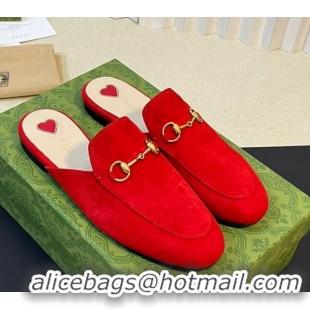 Luxury Discount Gucci Princetown Suede Flat Slippers Red 205005