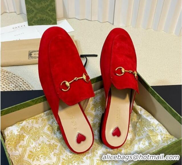 Luxury Discount Gucci Princetown Suede Flat Slippers Red 205005