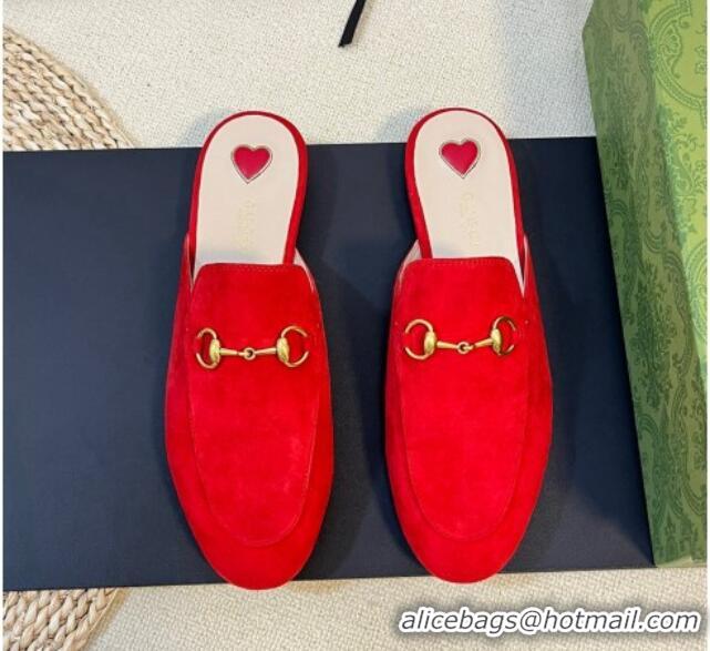 Luxury Discount Gucci Princetown Suede Flat Slippers Red 205005