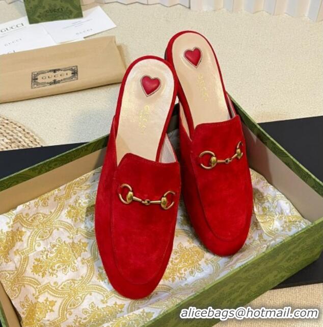 Luxury Discount Gucci Princetown Suede Flat Slippers Red 205005