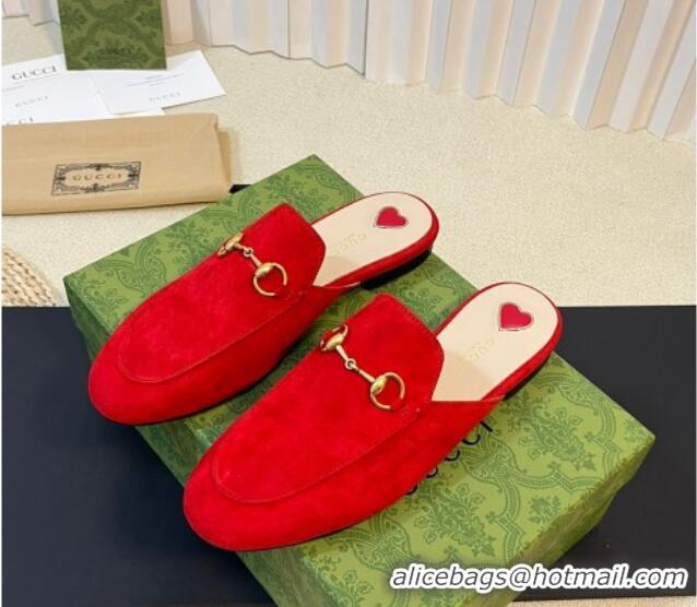 Luxury Discount Gucci Princetown Suede Flat Slippers Red 205005