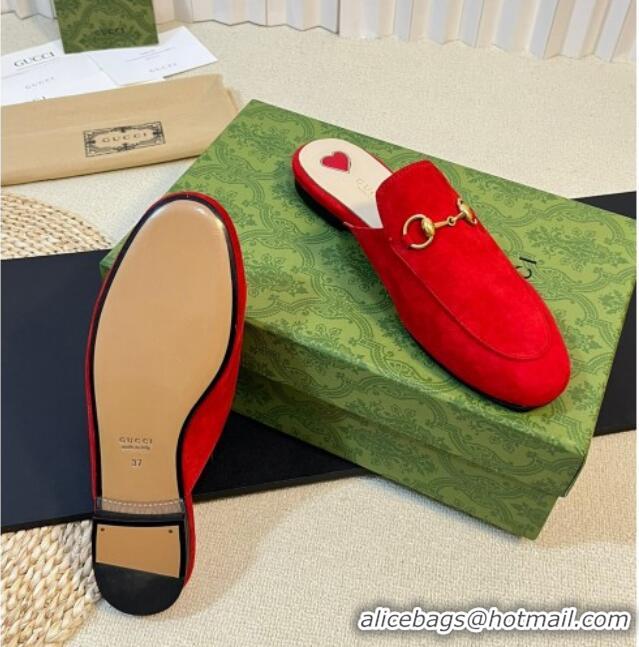 Luxury Discount Gucci Princetown Suede Flat Slippers Red 205005