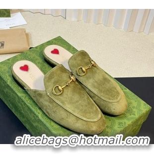 Luxury Gucci Princetown Suede Flat Slippers Green 205006