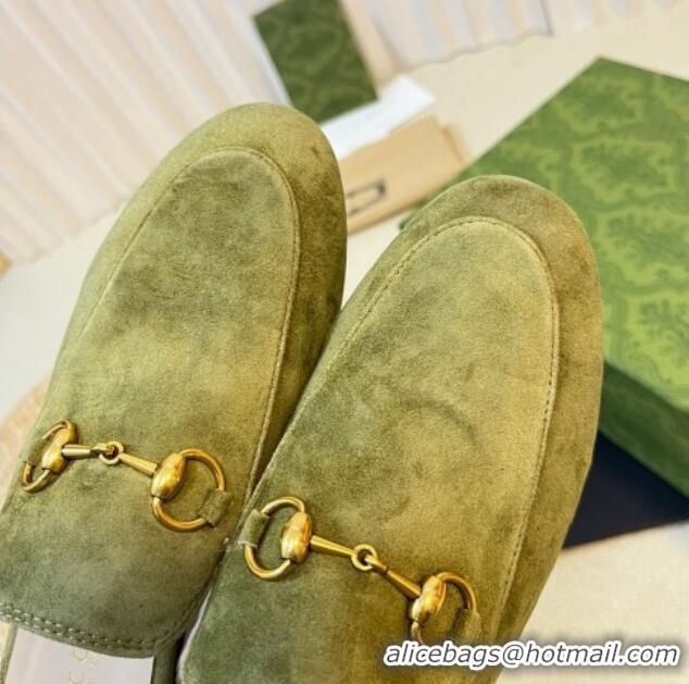 Luxury Gucci Princetown Suede Flat Slippers Green 205006