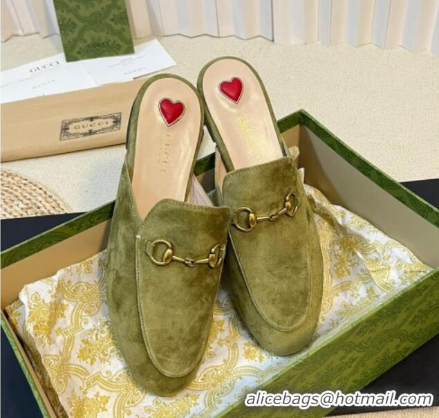 Luxury Gucci Princetown Suede Flat Slippers Green 205006