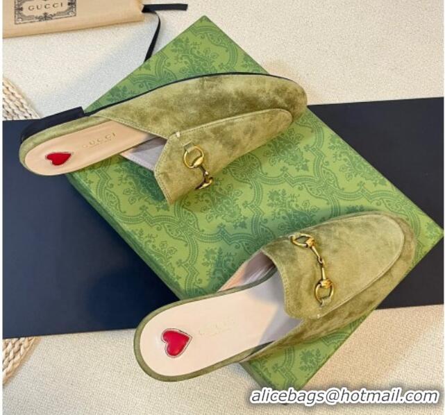 Luxury Gucci Princetown Suede Flat Slippers Green 205006