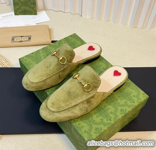 Luxury Gucci Princetown Suede Flat Slippers Green 205006