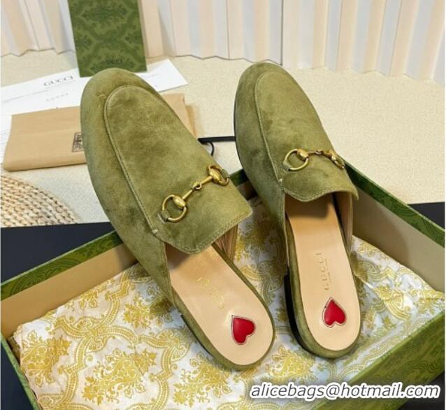 Luxury Gucci Princetown Suede Flat Slippers Green 205006