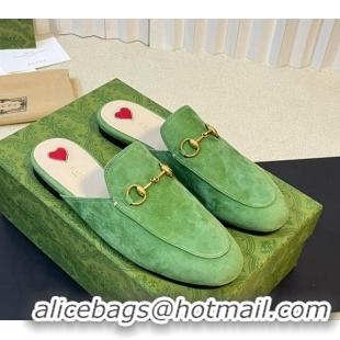 Sumptuous Gucci Princetown Suede Flat Slippers Light Green 205008