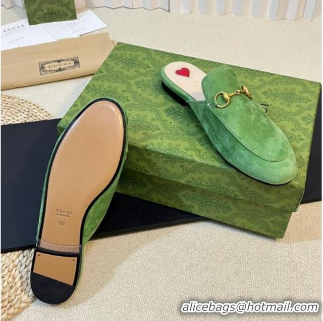 Sumptuous Gucci Princetown Suede Flat Slippers Light Green 205008