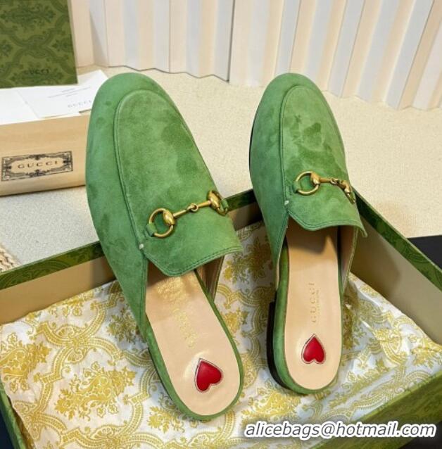 Sumptuous Gucci Princetown Suede Flat Slippers Light Green 205008