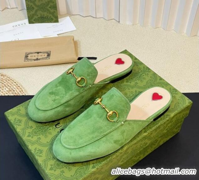 Sumptuous Gucci Princetown Suede Flat Slippers Light Green 205008