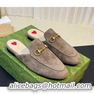 Stylish Gucci Princetown Suede Flat Slippers Dark Grey 205012