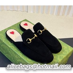 Cheap Price Gucci Princetown Suede Flat Slippers Black 205014