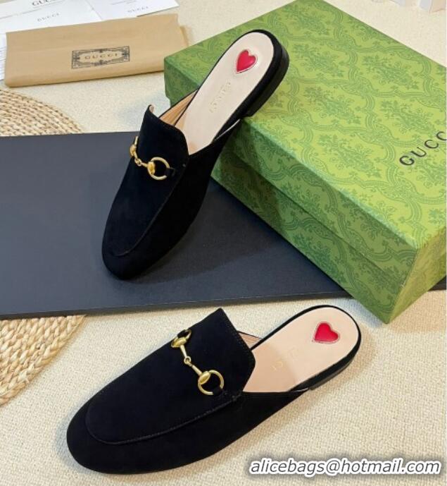 Cheap Price Gucci Princetown Suede Flat Slippers Black 205014