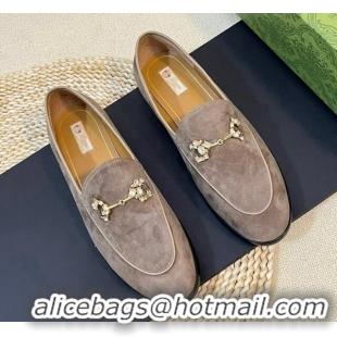 Stylish Gucci Jordaan Suede Loafers with Crystals Dark Grey 205015