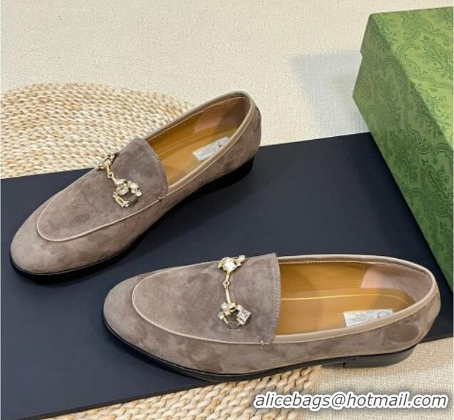 Stylish Gucci Jordaan Suede Loafers with Crystals Dark Grey 205015